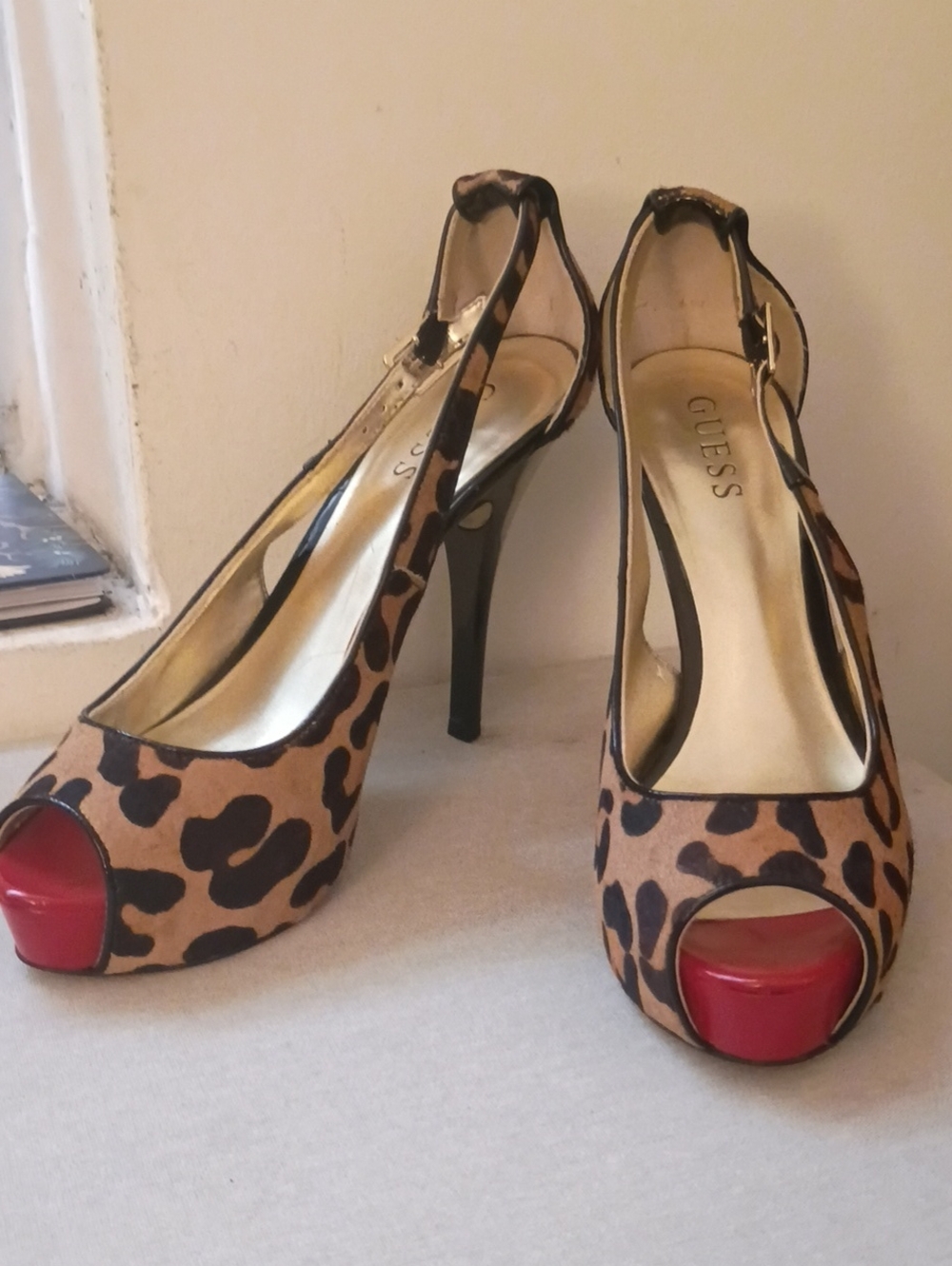 GUESS Leopard Print Slingback Peep-Toe Heels with Red Accents
